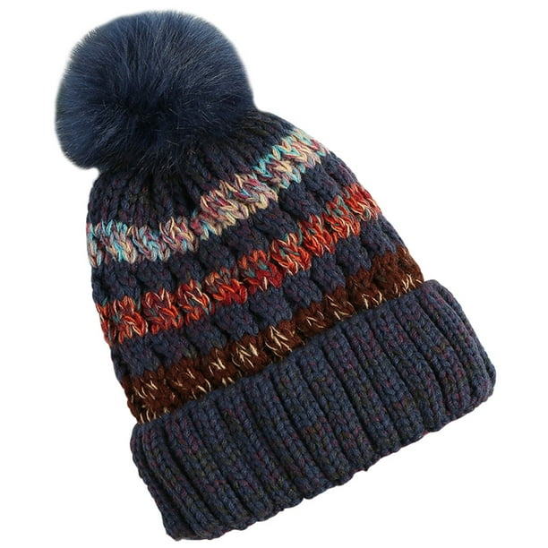 Fashion Womens Knitted Hats Winter Keep Warm Color Matching Hair Ball Thick Double Warm Hats Caps Unisex Fashion Womens Knitted Hats Winter Keep Warm Color Matching Hair Ball Thick Double Warm Hats Caps Unisex